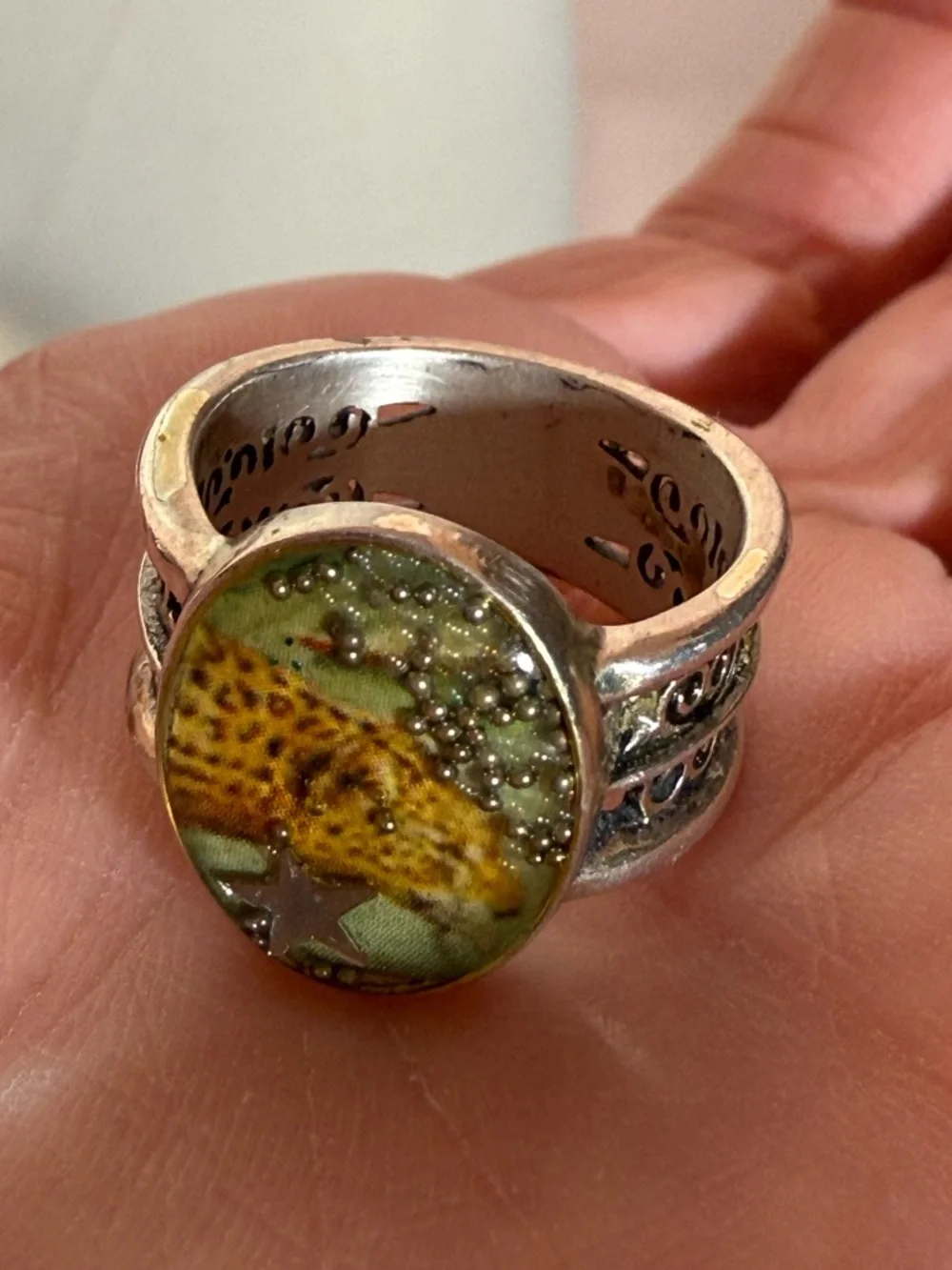 Vintage Sterling silver cheetah panther southwestern Boho Wide signet Ring 7 1/2